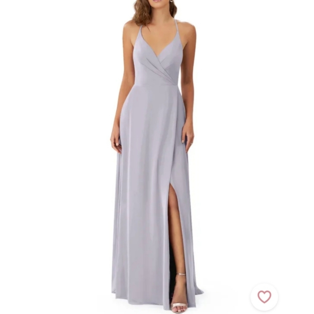 Azazie Davis A Line Pleated Chiffon Floor Length Dress in Fog